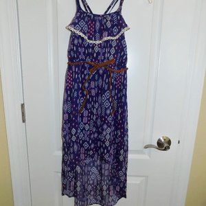Xhilaration Girls Sheer Blue Purple Ikat 7/8 Hi-Low Hem Dress NWT Belt Easter